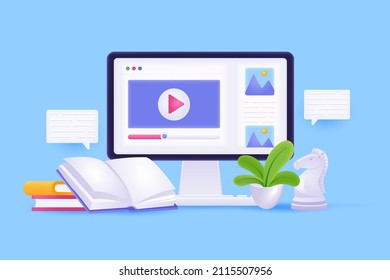 Education and e-learning concept 3D illustration. Icon composition with video lesson on computer screen, open book, chess, plant. Online studying and courses. Vector illustration for modern web design