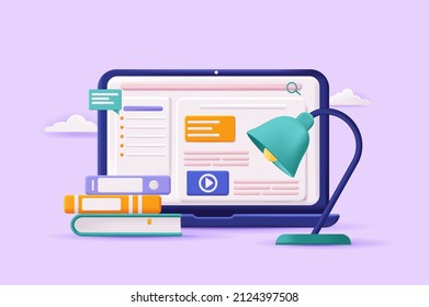 Education and e-learning concept 3D illustration. Icon composition with site interface with educational platform, online lessons, video lectures and books. Vector illustration for modern web design