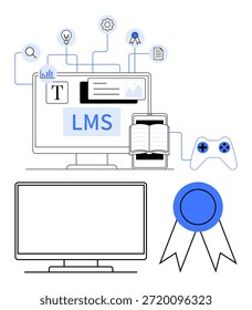 Educación, e-learning, certificación digital, cursos online, aprendizaje gamificado y plataformas de formación. Una computadora, un libro abierto y los iconos ilustran un sistema de aprendizaje digital. Educación