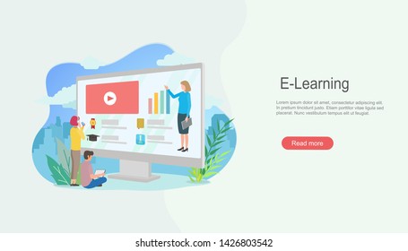 Education e-learning flat design concept for website and mobile website. School university illustration. Landing page templates, Flyer, Banner, Book illustration, Print and social media.