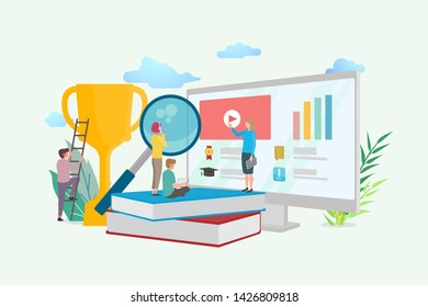 Education e-learning flat design concept for website and mobile website. School university illustration. Landing page templates, Flyer, Banner, Book illustration, Print and social media.