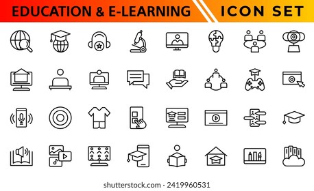 Education and E-learning icon set. Online education icon set. Thin line icons set. Distance learning. Containing video tuition, e-learning, online course, audio course, educational website