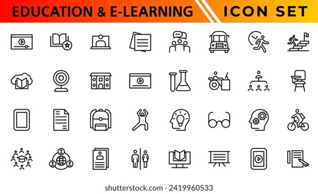 Education and E-learning icon set. Online education icon set. Thin line icons set. Distance learning. Containing video tuition, e-learning, online course, audio course, educational website