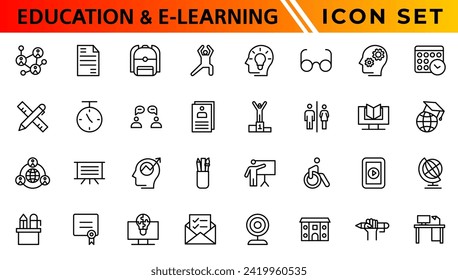 Education and E-learning icon set. Online education icon set. Thin line icons set. Distance learning. Containing video tuition, e-learning, online course, audio course, educational website
