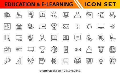 Education and E-learning icon set. Online education icon set. Thin line icons set. Distance learning. Containing video tuition, e-learning, online course, audio course, educational website