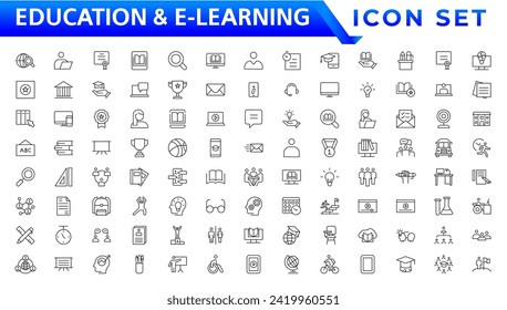 Education and E-learning icon set. Online education icon set. Thin line icons set. Distance learning. Containing video tuition, e-learning, online course, audio course, educational website