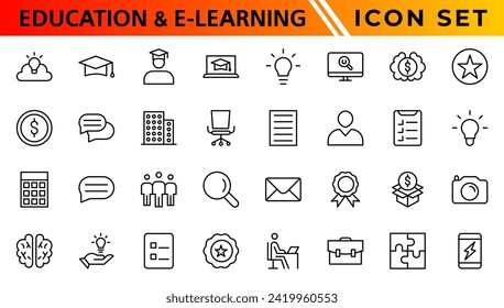 Education and E-learning icon set. Online education icon set. Thin line icons set. Distance learning. Containing video tuition, e-learning, online course, audio course, educational website