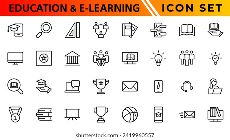 Education and E-learning icon set. Online education icon set. Thin line icons set. Distance learning. Containing video tuition, e-learning, online course, audio course, educational website