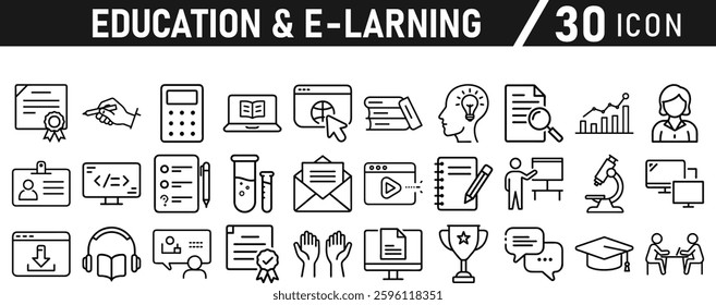 Education and E-Learning icon set. Tuition, e-learning, Batch, educational tools, and digital education icons. Solid icon collection.