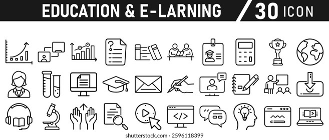 Education and E-Learning icon set. Tuition, e-learning, Batch, educational tools, and digital education icons. Solid icon collection.