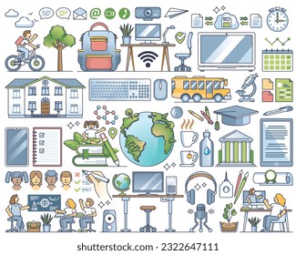 Education and e-learning with knowledge teaching outline collection set. University, college or school study elements with children or students vector illustration. Smart academic or digital lessons.