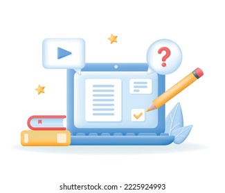 Education, e-learning, online courses concept. 3d laptop with bubbles and question mark. Computer screen with document. Vector illustration isolated on white background.