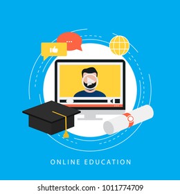 Education, E-learning, Online Courses, Tutorials, Online Class, Video Training, University Degree Flat Vector Ilustration Design For Web Banners And Apps