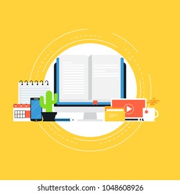 Education, e-learning, online courses, tutorials, online class, video training, e-book, internet library flat vector ilustration design for web banners and apps
