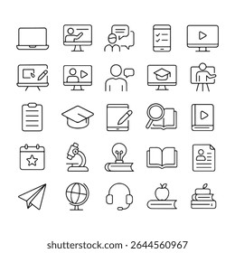 Conjunto de ícones de estrutura de tópicos de educação e e-learning. Símbolos vetoriais para aprendizagem on-line, ensino, estudo e ferramentas escolares