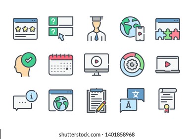 Education and e-learning related color line icons. Lectire and test, quiz colorful vector icon set.