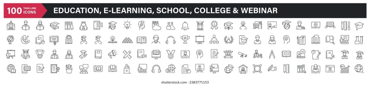 Education, e-learning, school, college, and webinar thin line icons. For website marketing design, logo, app, template, ui, etc. Vector illustration.