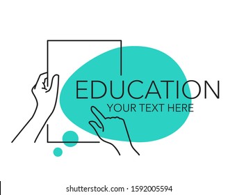 Education e-learning or testing examination banner template - drawn outline hands holding blank paper and place for message text - isolated vectoe element