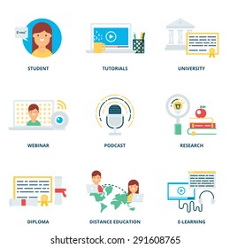 Education and e-learning vector icons set modern flat style