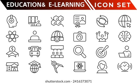 Education and E-Learning web icons in line style. School, university, textbook, learning. Vector illustration