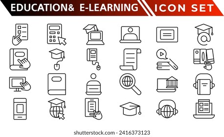 Education and E-Learning web icons in line style. School, university, textbook, learning. Vector illustration