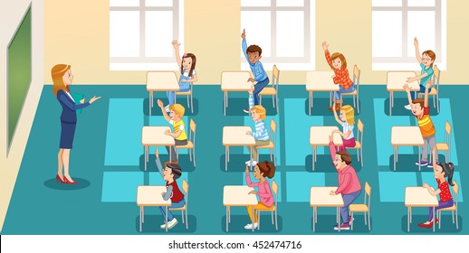 education, elementary school, learning and people concept - group of school kids with teacher sitting in classroom and raising hands