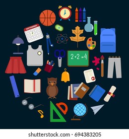 Education elements collection, flat icons set, Colorful symbols pack contains -Ruler pencil desk lamp globe alarm clock. Vector illustration. Flat style design