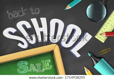 Education elements, colorful hand drawn text on black chalkboard background. Back to school sale vector poster template