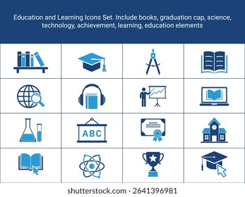 Education Elements Icons Set. Learning Icons. Include books, graduation cap, science, technology,
achievement, learning, education elements. solid icon, flat icon illustration