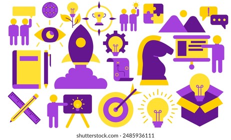 Education Elements - Idea Conversation Lamp Bulb World Globe Rocket Drawing Puzzle Talk Book Pen Chess Horse Box Target Goal Presentation Map Pencil Ruler Gear Trophy Winner Objective Eye Plant
