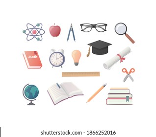 Education elements kit. Flat vector illustration. Isolated on white background.