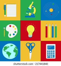 Education elements. Nine colorful objects related to education: notebook, microscope, atoms, painting, idea, colored pencils, globe, scissors, calculator