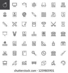 Education elements outline icons set. linear style symbols collection, line signs pack vector graphics. Set includes icons as School, College, Library, Mortarboard, Atom, Diploma, Globe, Pencil, Medal