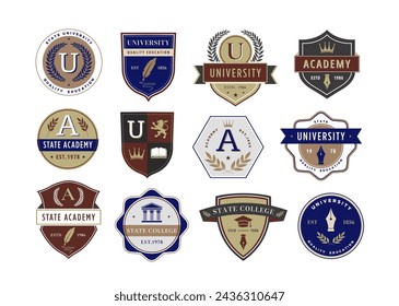 Education emblem. Academic institution badges for university, academy, and college crests with classic designs vector set. Studying at school, learning or getting knowledge isolated logo