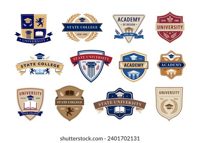 Education emblem. State college, academy and university badges with books, laurel wreaths and traditional shield shapes. Academic insignia vector label set of college education emblem illustration