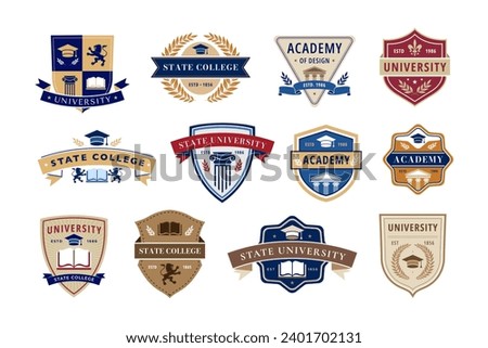 Education emblem. State college, academy and university badges with books, laurel wreaths and traditional shield shapes. Academic insignia vector label set of college education emblem illustration