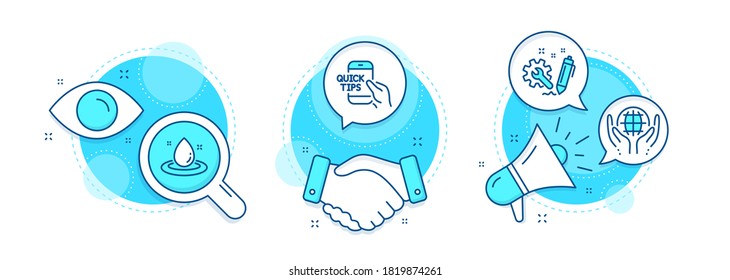 Education, Engineering and Organic tested line icons set. Handshake deal, research and promotion complex icons. Fuel energy sign. Quick tips, Construction, Safe nature. Petroleum. Science set. Vector