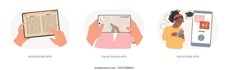 Education and entertainment apps isolated cartoon vector illustrations set. Book reading online service, cloud gaming smartphone application, educational software, learning app vector cartoon.