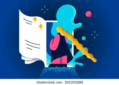 Education for everybody as key to world concept. Woman standing backwards and looking at open door in key hole with open book nearby with knowledge vector illustration