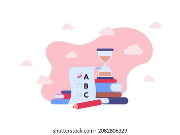 Education And Exam Concept. Vector Flat Illustration. No People. Test Checklist, Book, Pencil And Hourglass Symbol On Pink Sky Background. Design For Online Course, University