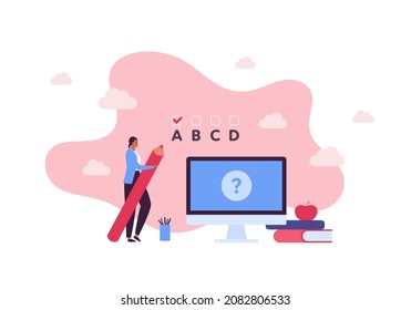 Education and exam concept. Vector flat people illustration. Woman hold pencil. Test checklist, computer monitor, apple and book symbol. Design for online course, university