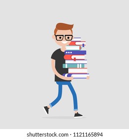 Education. Exam preparation. Smiling student holding a pile of books. Flat editable vector illustration, clip art