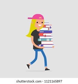 Education. Exam preparation. Smiling student holding a pile of books. Flat editable vector illustration, clip art