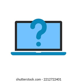 education exam or quiz icon with blue laptop icon. flat simple trend modern quizz info logotype element web graphic design element isolated on white. concept of find inform or questionnaire service