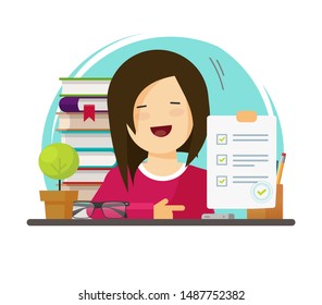 Education exam or test in hand or pupil vector illustration, flat cartoon school or university examination or questionnaire good result and happy woman or girl student passed, study or learning idea