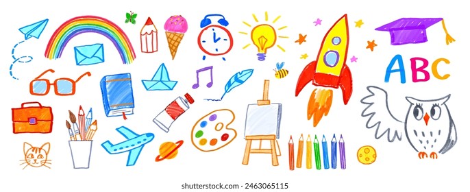 Education felt pen hand drawn vector illustrations set of child drawings and doodles