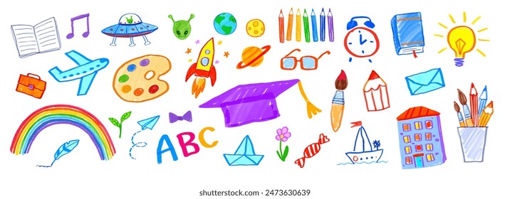 Education felt pen hand drawn vector illustrations collection of child drawings and doodles