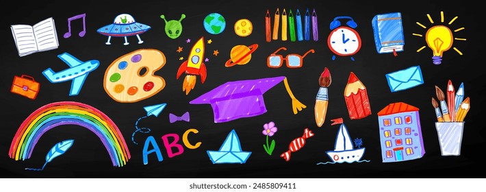 Education felt pen hand drawn vector illustrations collection of child drawings and doodles on chalkboard background