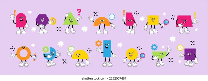 Education figures, geometry face characters. Children comic shapes, cute geometric math game, hexagon and circle with legs and hands. School or kindergarten mascot. Vector cartoon tidy set