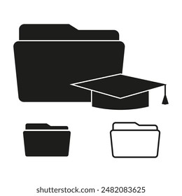 Education file icon. Graduation cap symbol. Academic document folder. Black and white vector.